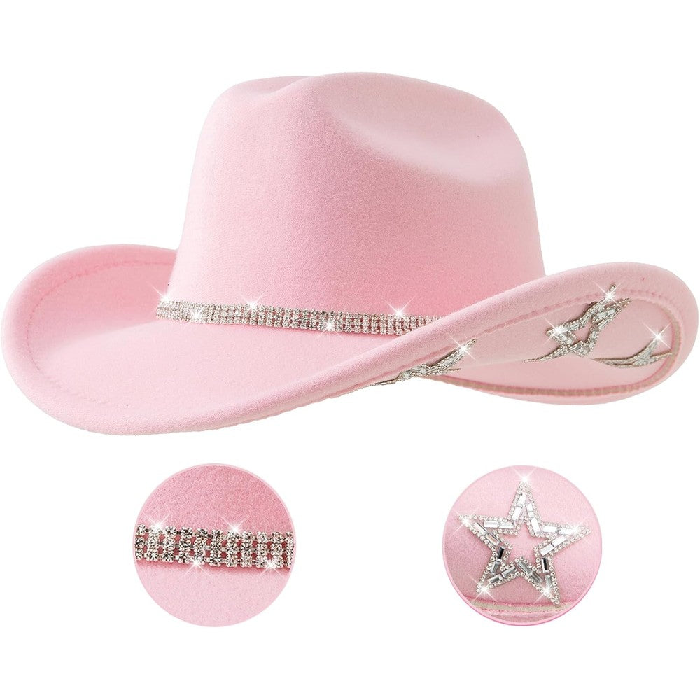 Jastore kids pink western cowgirl hat with rhinestones and star accent front view