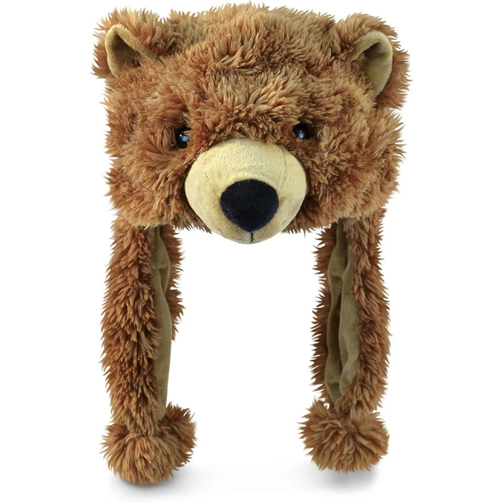 Puzzled brown grizzly bear hat front view plush beanie