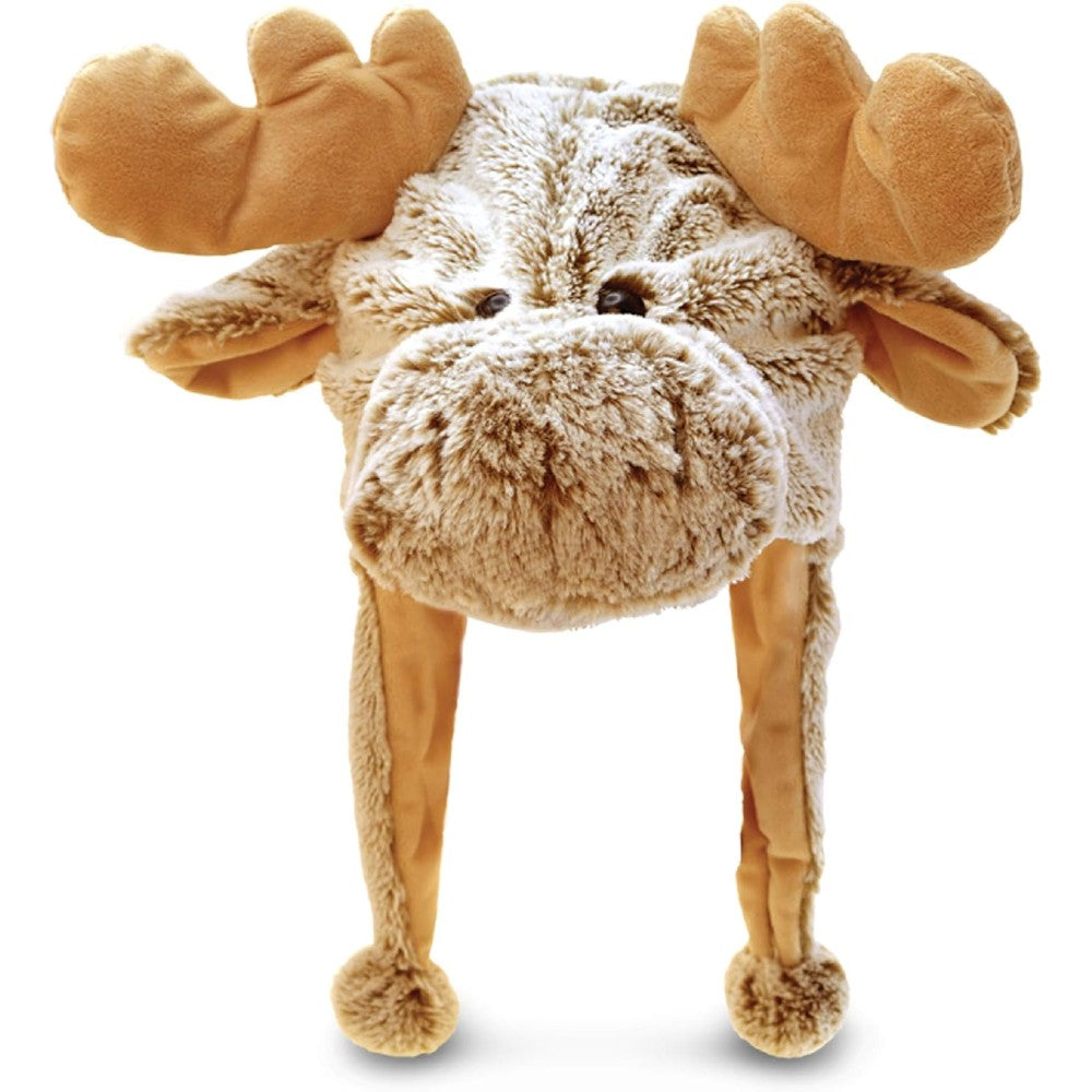 Puzzled brown moose plush hat front view for kids