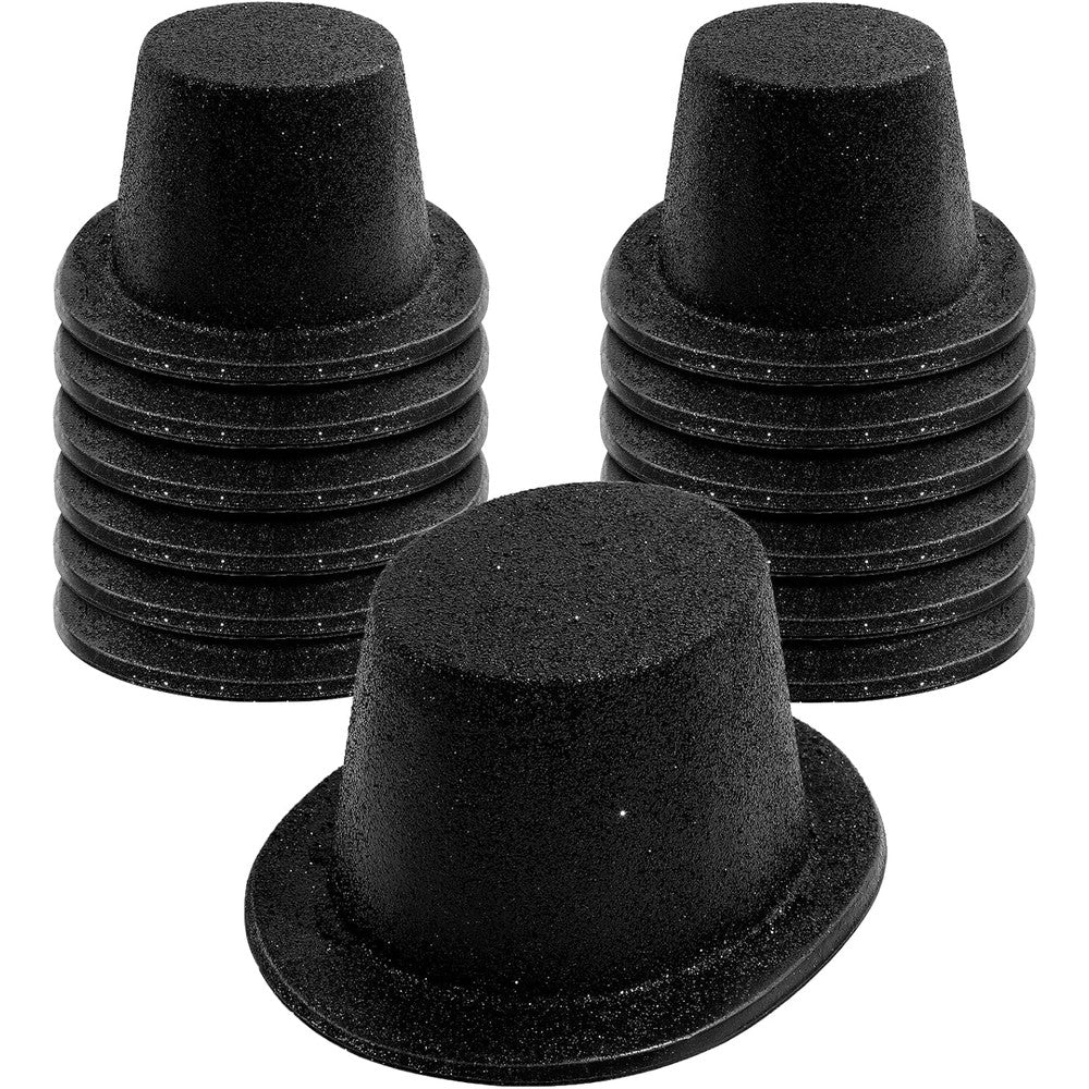 Hillban 12 piece set of black glitter top hats front view