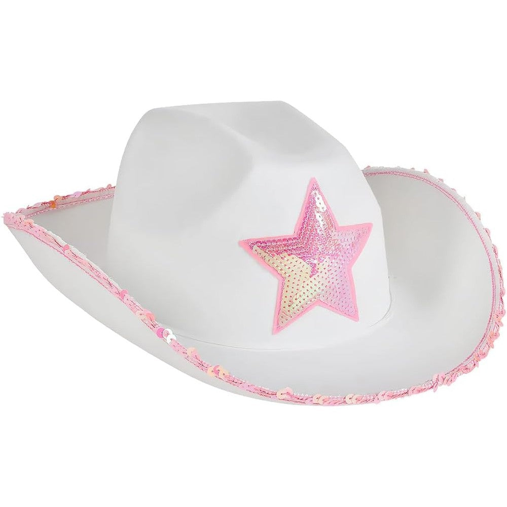 Rhode Island Novelty white felt cowgirl hat with pink star front view