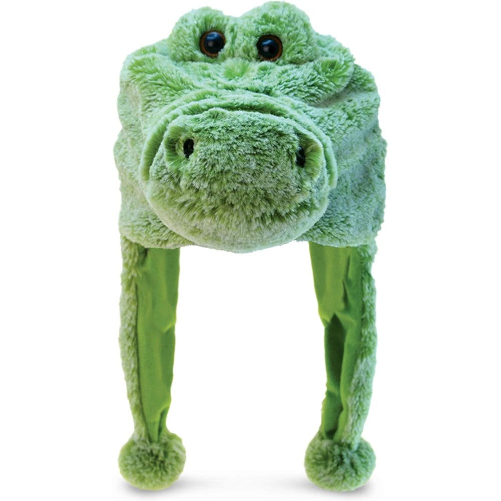 Puzzled DolliBu alligator plush hat front view for winter