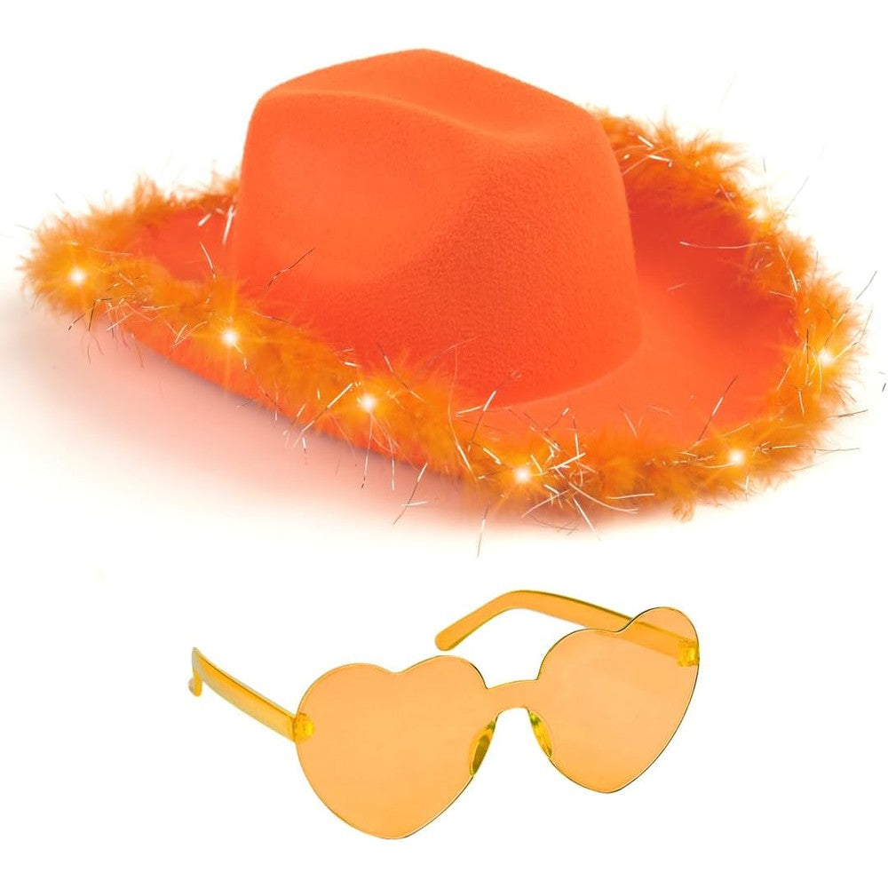 Funcredible light up cowboy hat and heart glasses front view