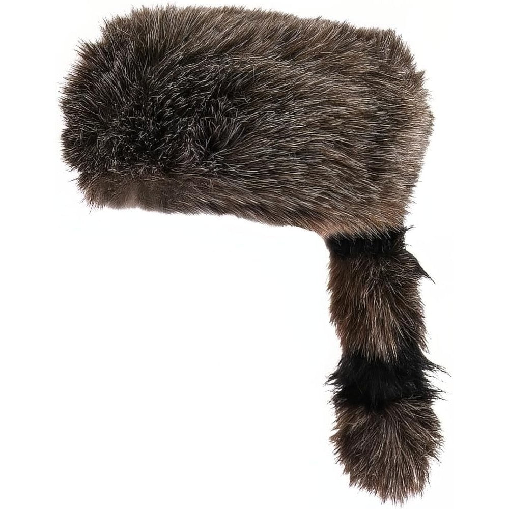 Rhode Island Novelty Raccoon Tail Hat front view showing soft faux fur and striped tail.