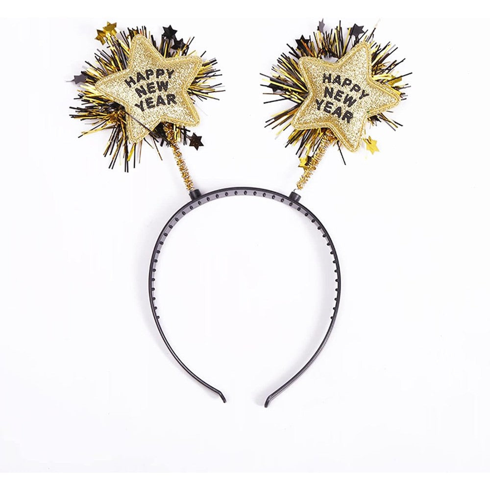 AVMBC Happy New Year Headband Tiara front view showing gold and silver tinsel pom poms.
