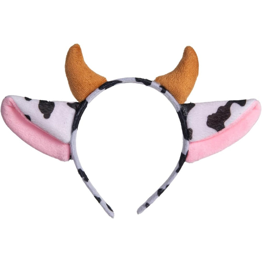 Yilistore Cow Headband Cosplay accessory showing spotted ears and golden horns front view