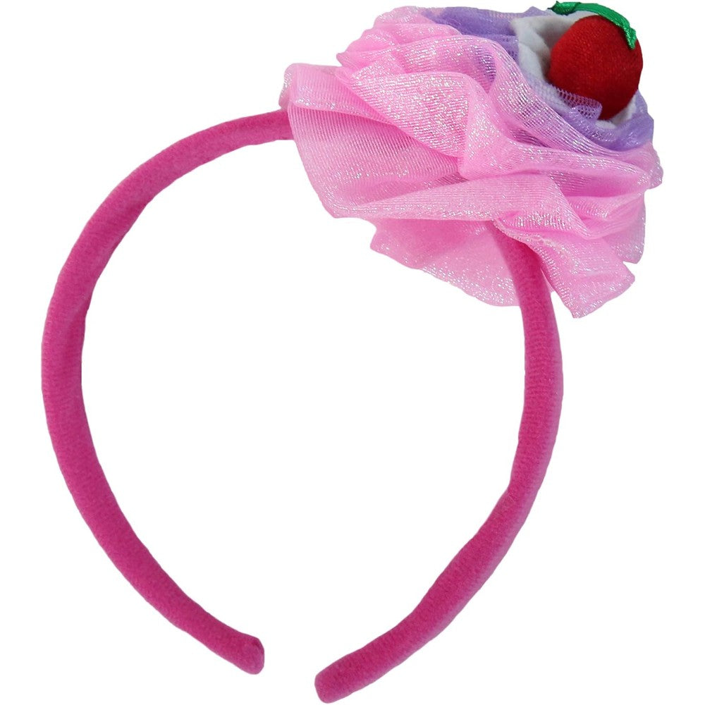 Making Believe Pink Ribbon Cupcake Headband front view hair accessory for birthday parties