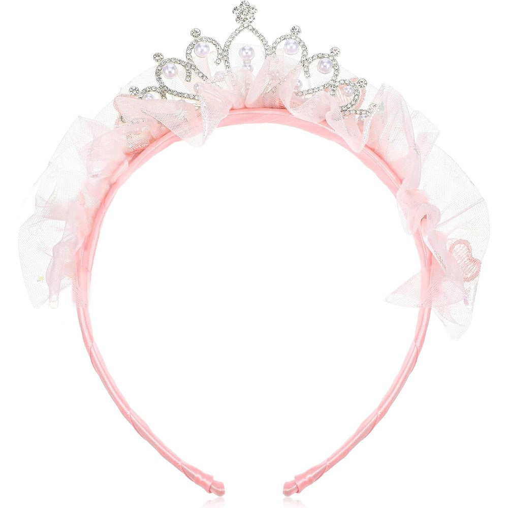 Bremorou Princess Tiara Pink Tulle Bow Headband front view showing the rhinestone crown detailing