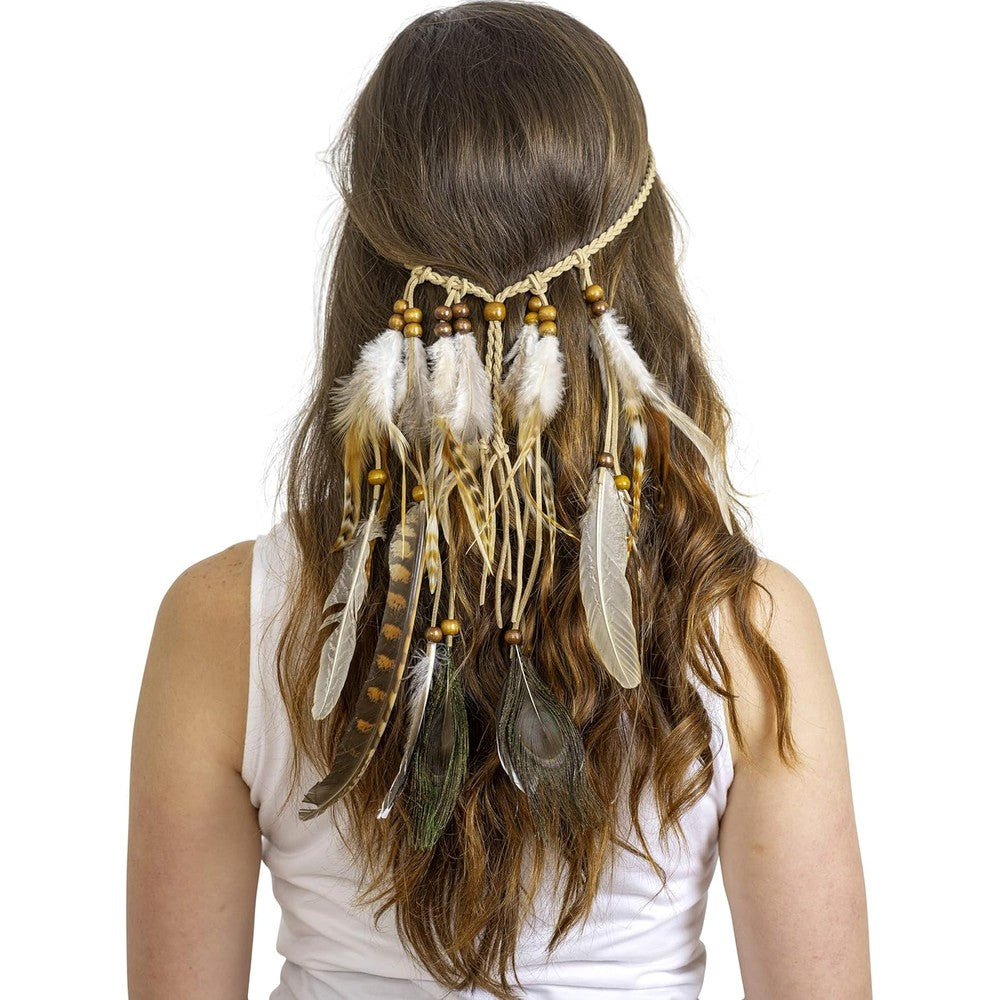 Skeleteen native american feather headband front view showing authentic braided details and wooden beads.