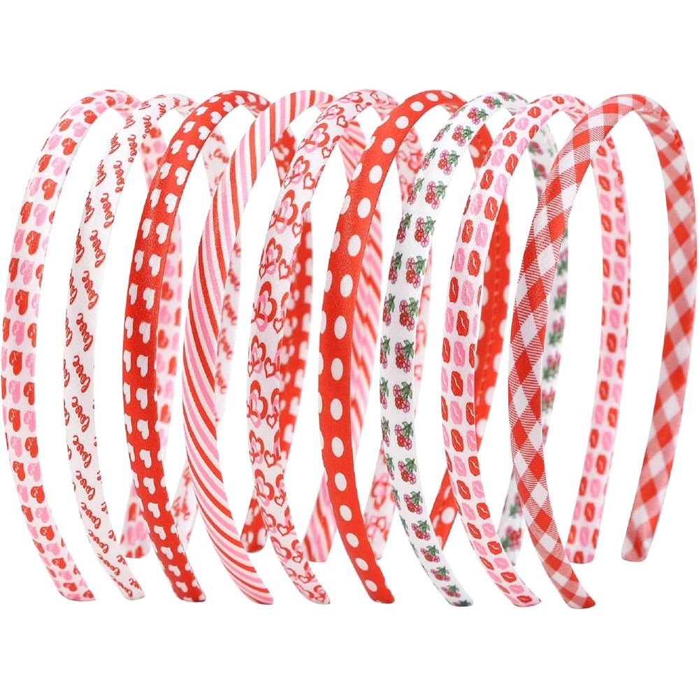 Fishdown girls thin fabric headbands nine pieces pack front view showing heart and floral patterns