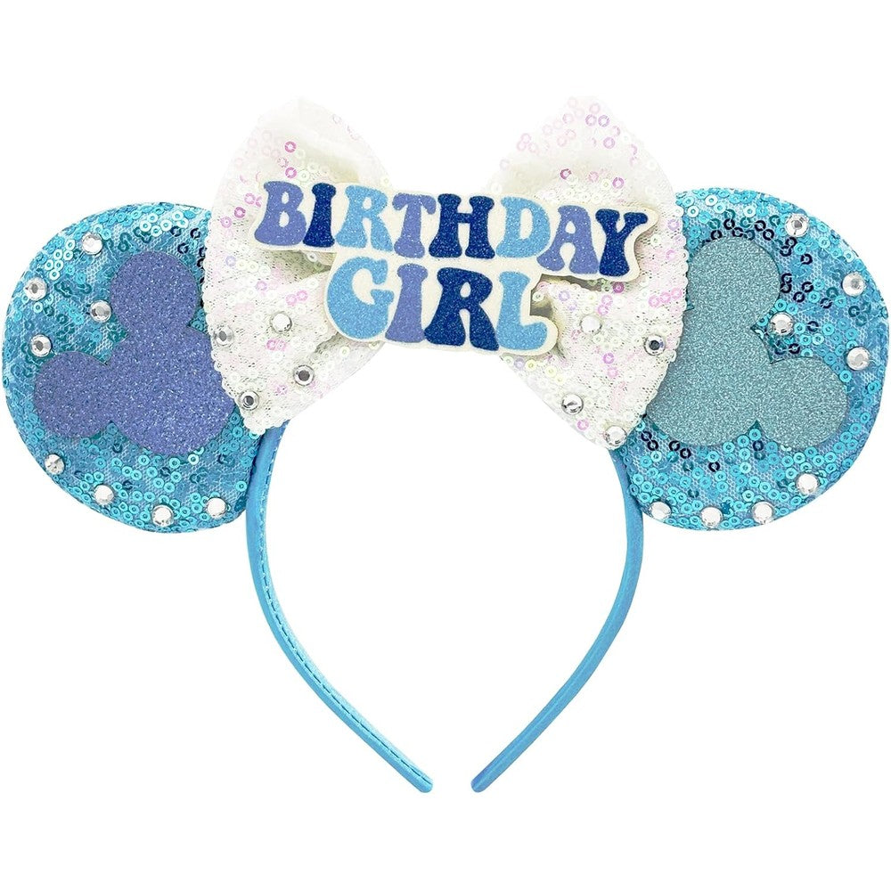 HOkina Birthday Girl Mouse Ears Headband blue glitter front view accessory
