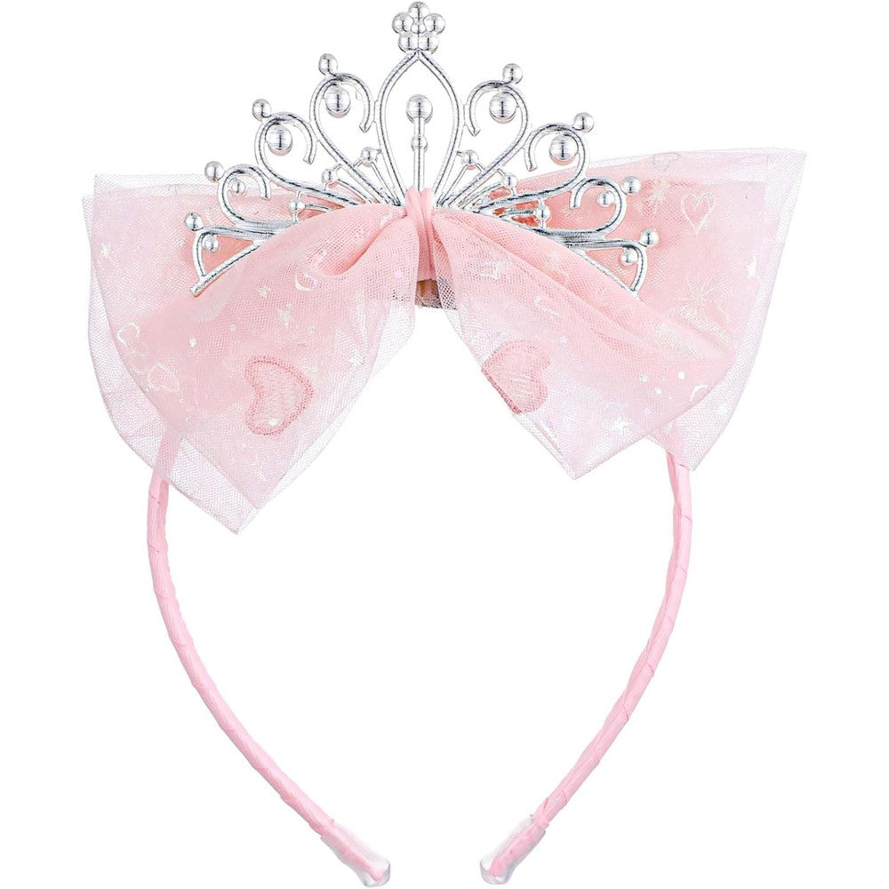 Lusofie Crown Headband front view showing the silver-tone mini tiara and pink tulle bow