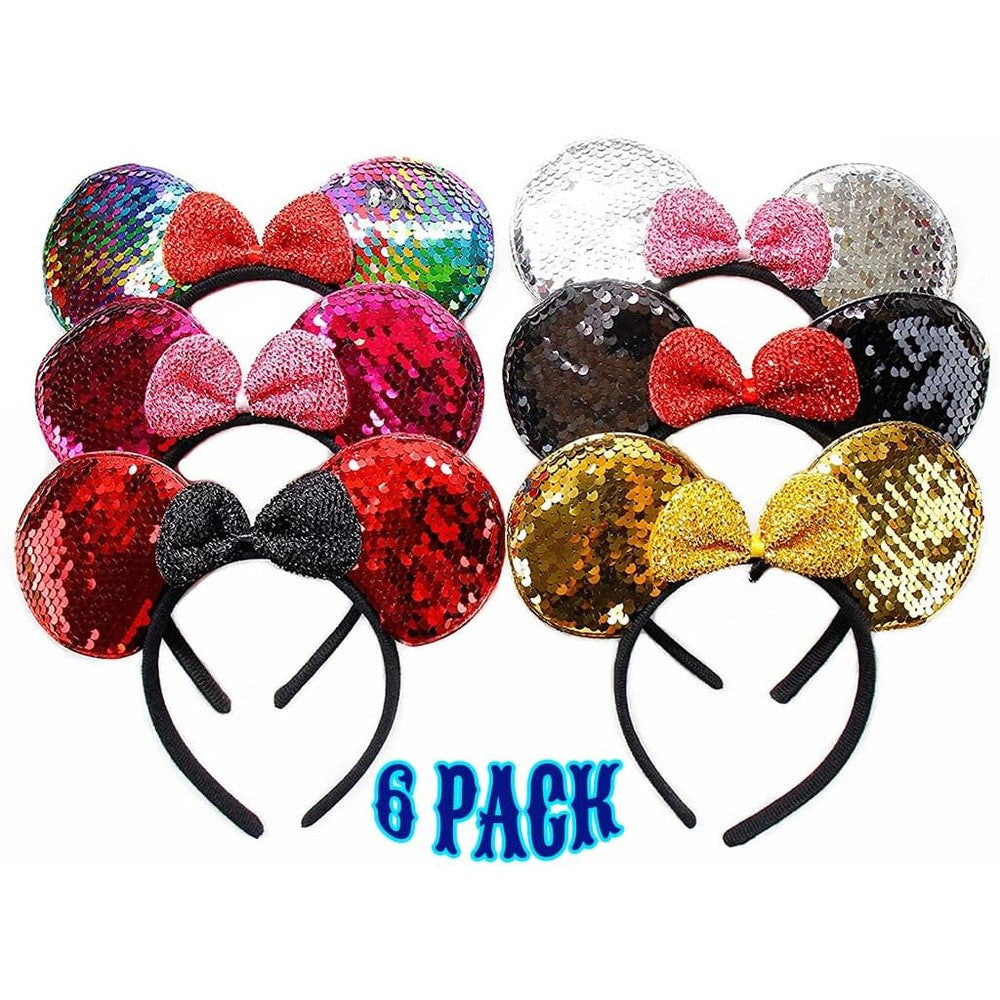 BLholife Minnie Mouse headbands front view showing six colorful sequin ears with matching glitter bows.