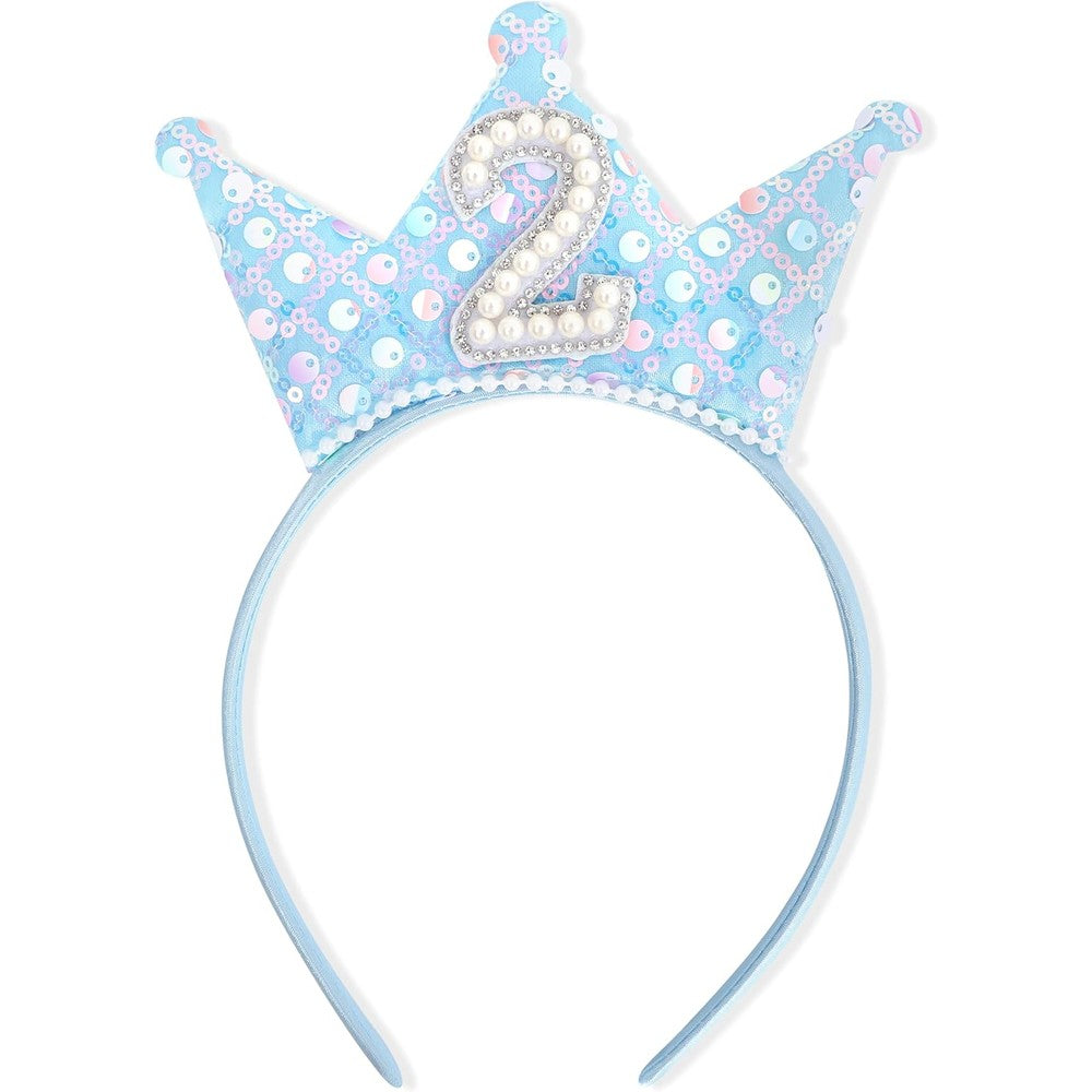 WAHAWU blue first birthday headband tiara front view featuring glitter sequin crown and pearls