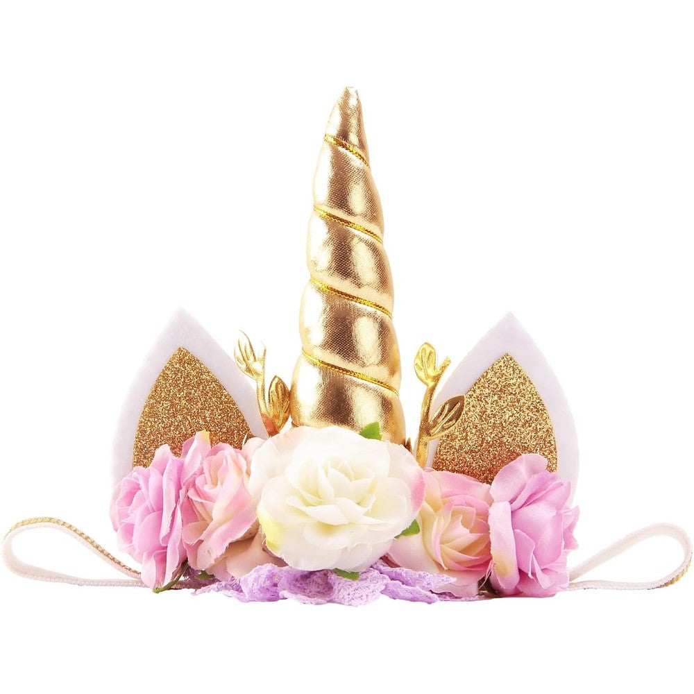 Nishine roses floral unicorn horn headband gold and ivory front view