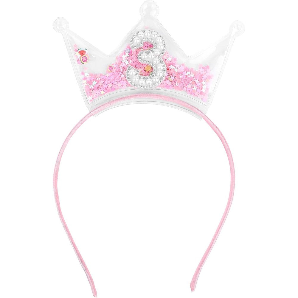 Penitue 3rd birthday headband pink glitter crown front view hair accessory