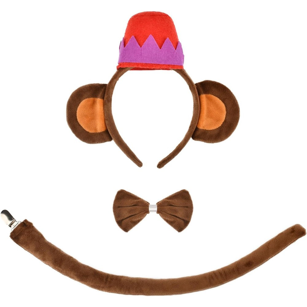 PATURPINT monkey costume accessory set front view featuring plush brown ears headband with a miniature red hat