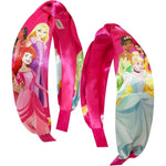 LUV HER licensed Disney Princesses knotted headband front view showcasing pink satin fabric and character prints.