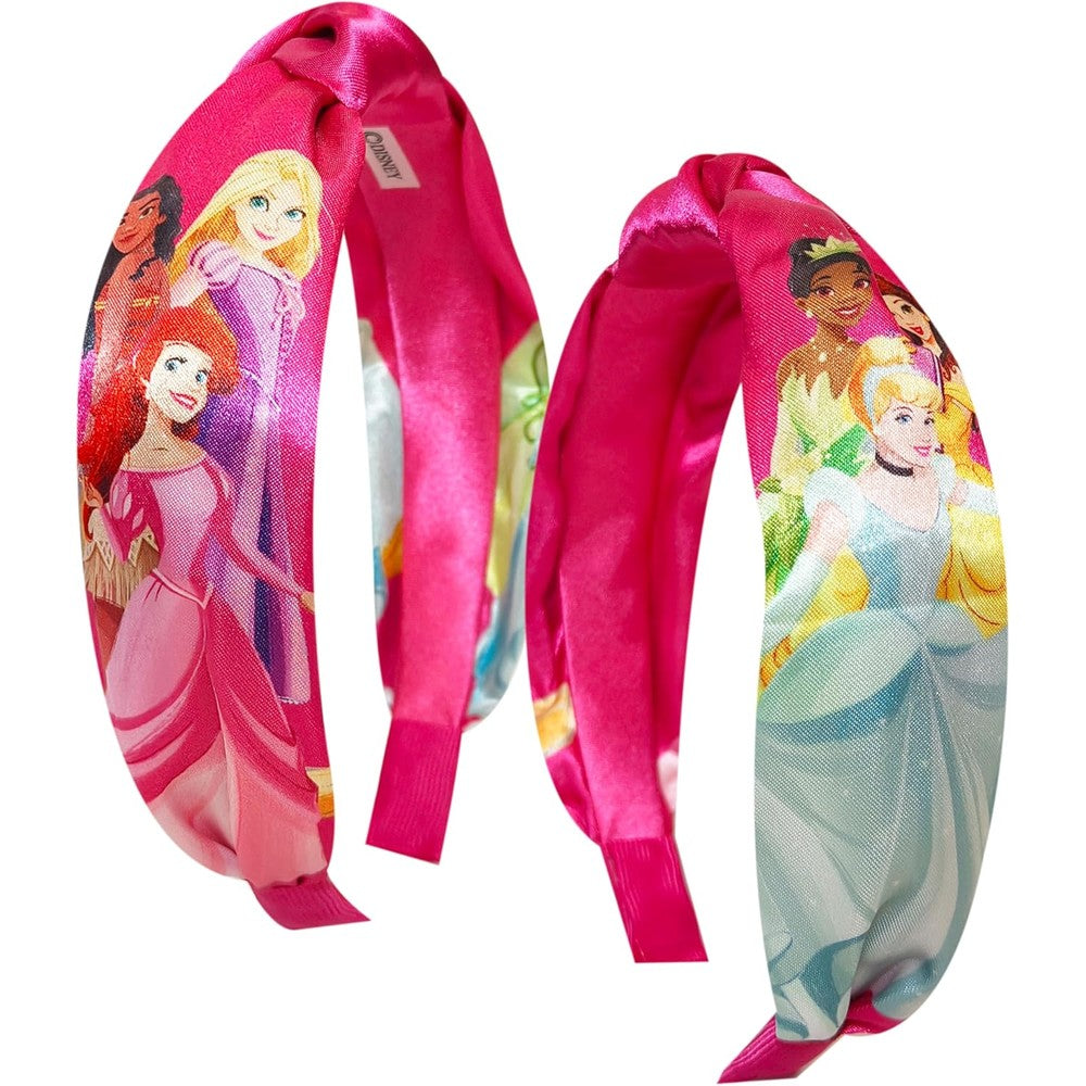 LUV HER licensed Disney Princesses knotted headband front view showcasing pink satin fabric and character prints.
