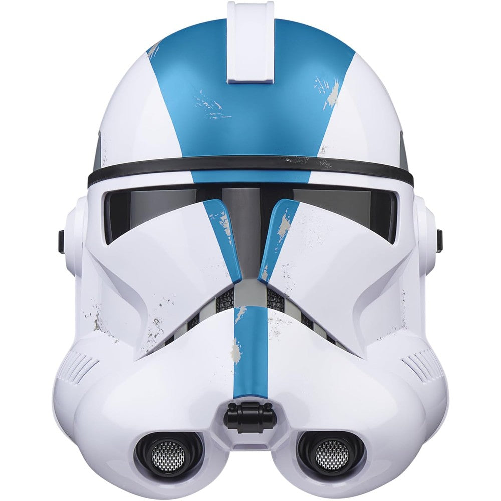 Star Wars The Black Series 501st Legion Clone Trooper Electronic Helmet front view showing iconic blue markings and T-shaped visor.