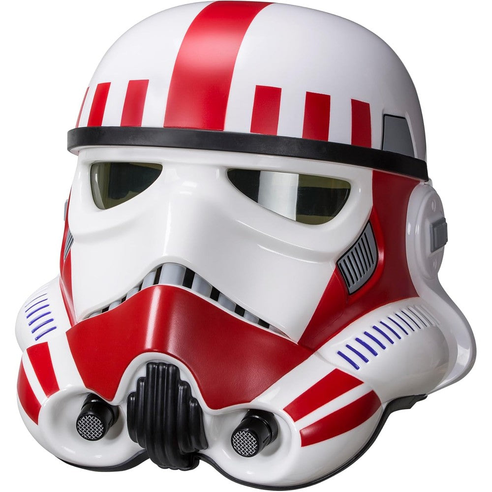 Star Wars Black Series Shock Trooper Electronic Helmet front view showcasing iconic white and red Imperial armor markings.