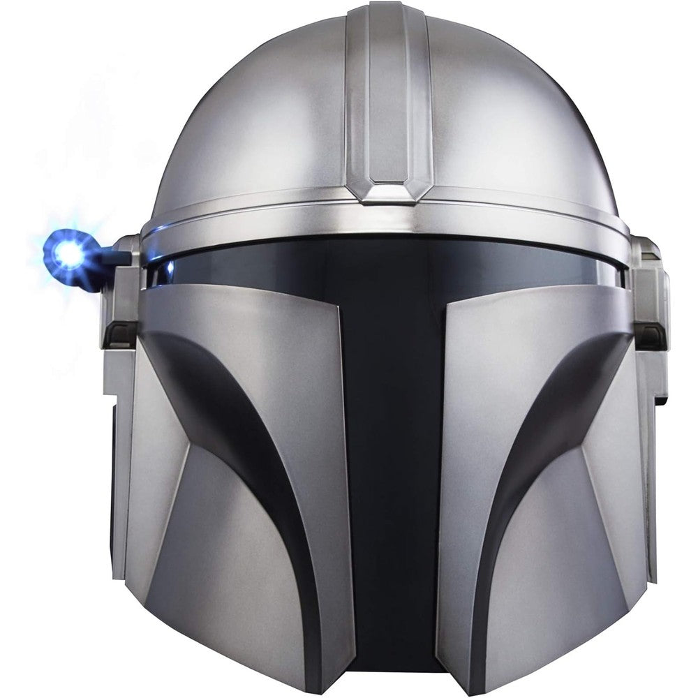 Star Wars Black Series Mandalorian electronic helmet front view featuring silver beskar finish