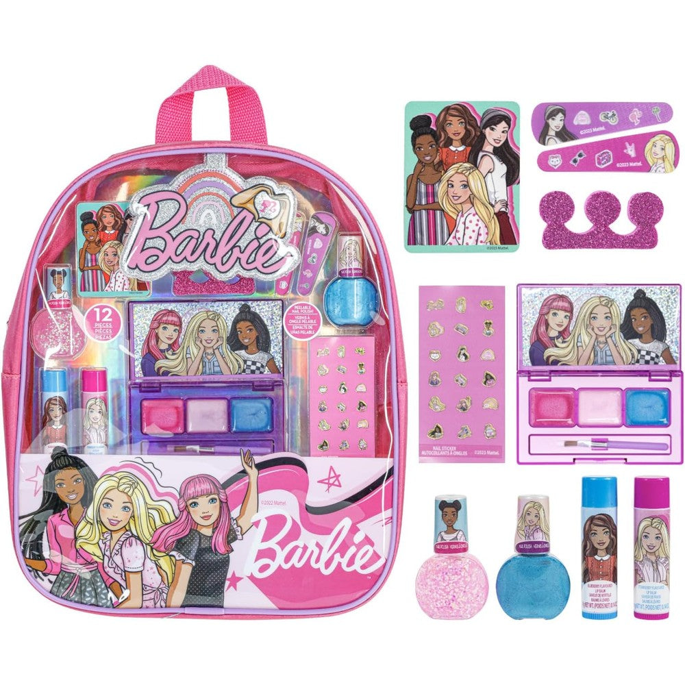 Townley Girl Barbie makeup filled backpack set front view showing clear cosmetic bag packaging.
