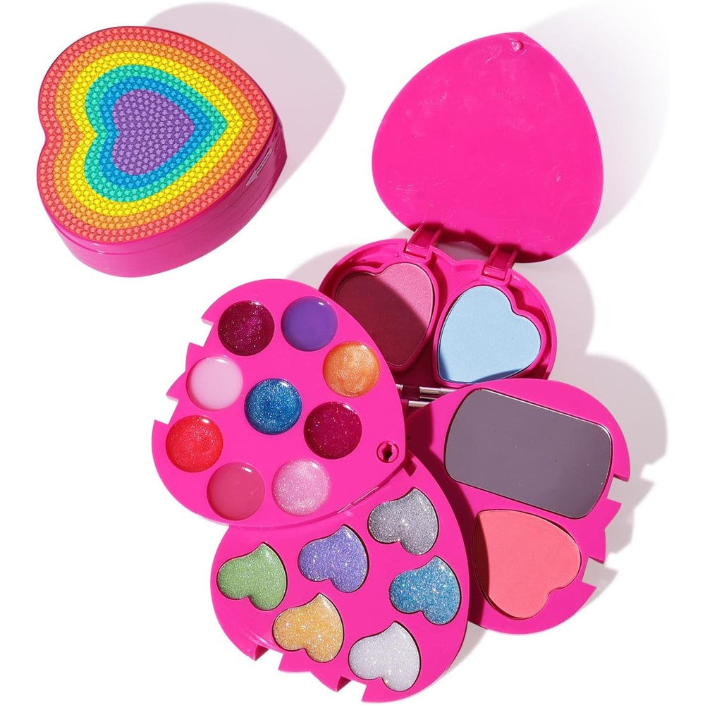 Mebtmel heart shape kids makeup kit front view showing the pink rotating palette