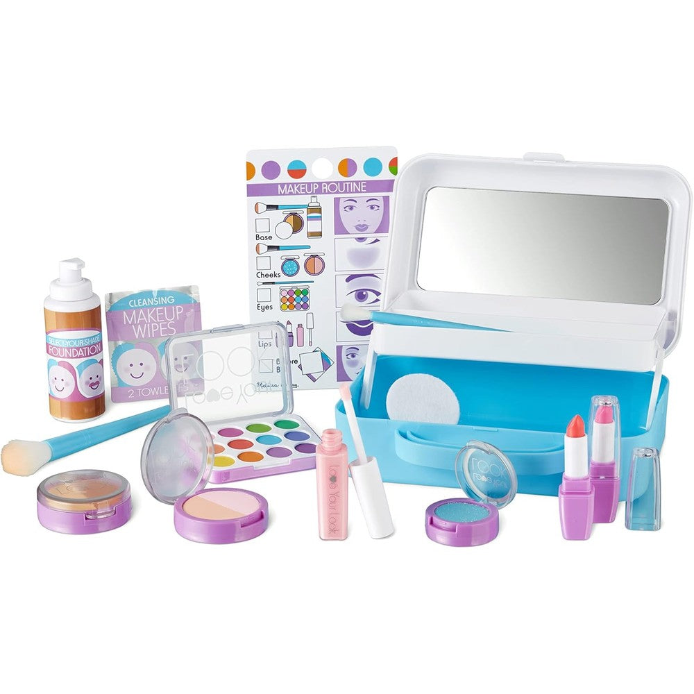 Melissa & Doug Love Your Look Pretend Makeup Kit front view with 16 vanity accessories displayed outside the carrying case