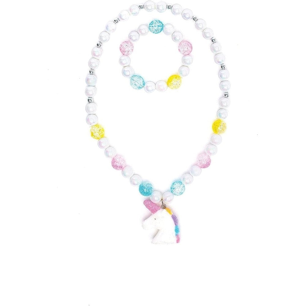 Great Pretenders White Unicorn jewelry set front view featuring pastel beaded necklace and matching bracelet.