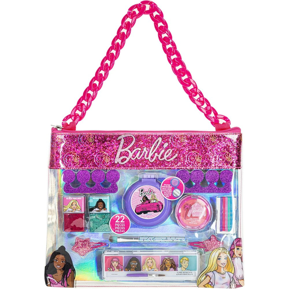 Townley Girl Barbie makeup sling chain bag cosmetic kit front view showing clear purse and pink handle