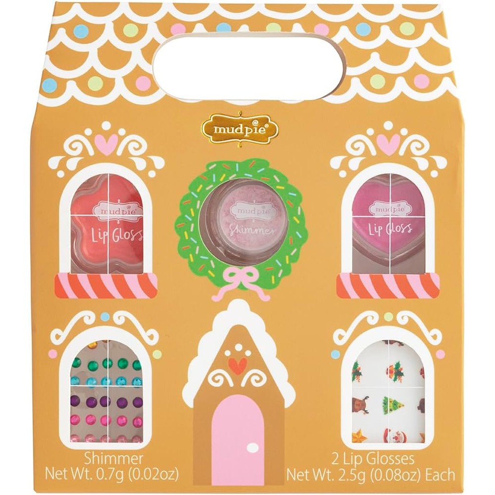 Mud Pie Kids Christmas Gingerbread Makeup Set front view featuring house-shaped gift box packaging.
