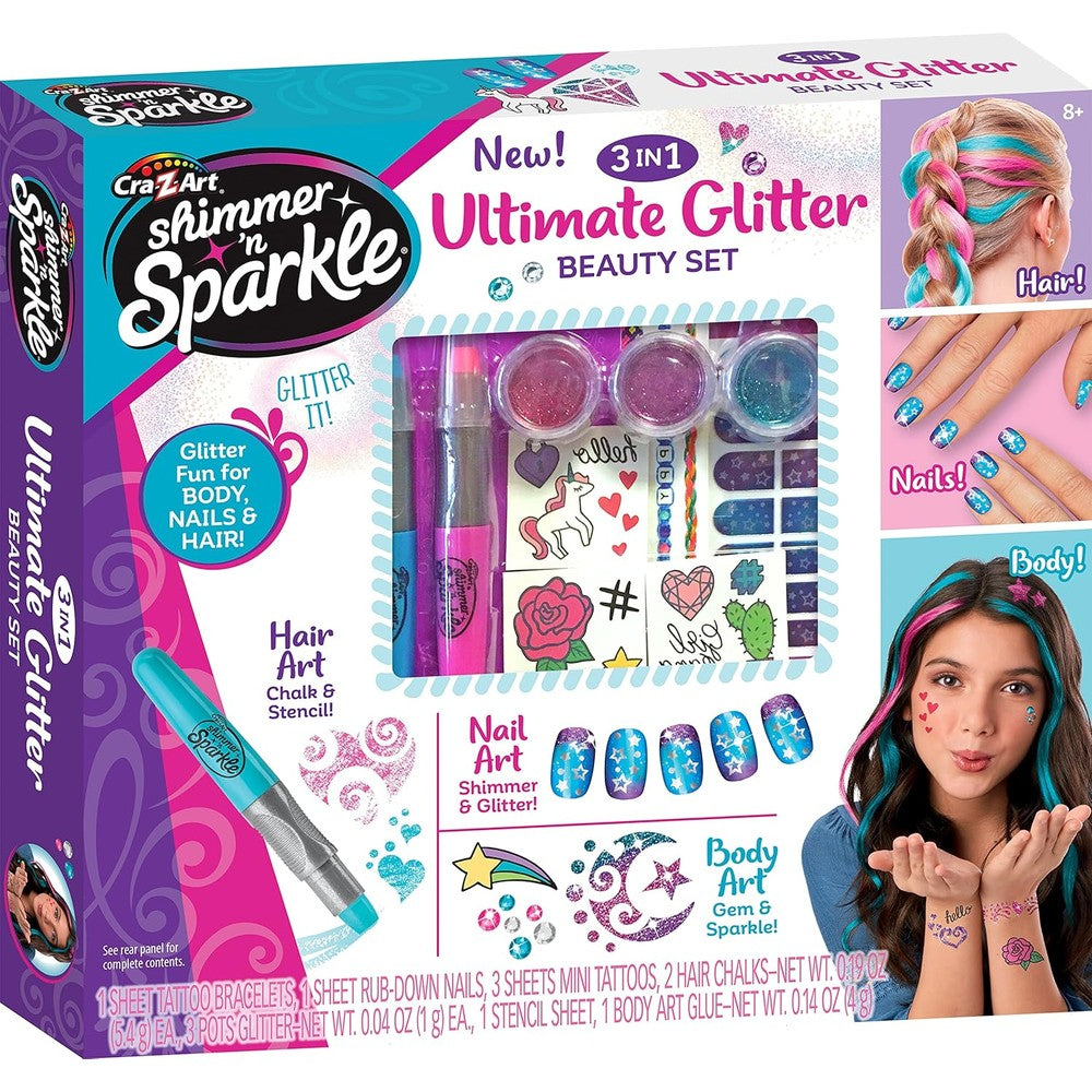 Cra-Z-Art Shimmer 'N Sparkle 3-in-1 Ultimate Glitter Beauty Set front packaging showing hair and nail art kits