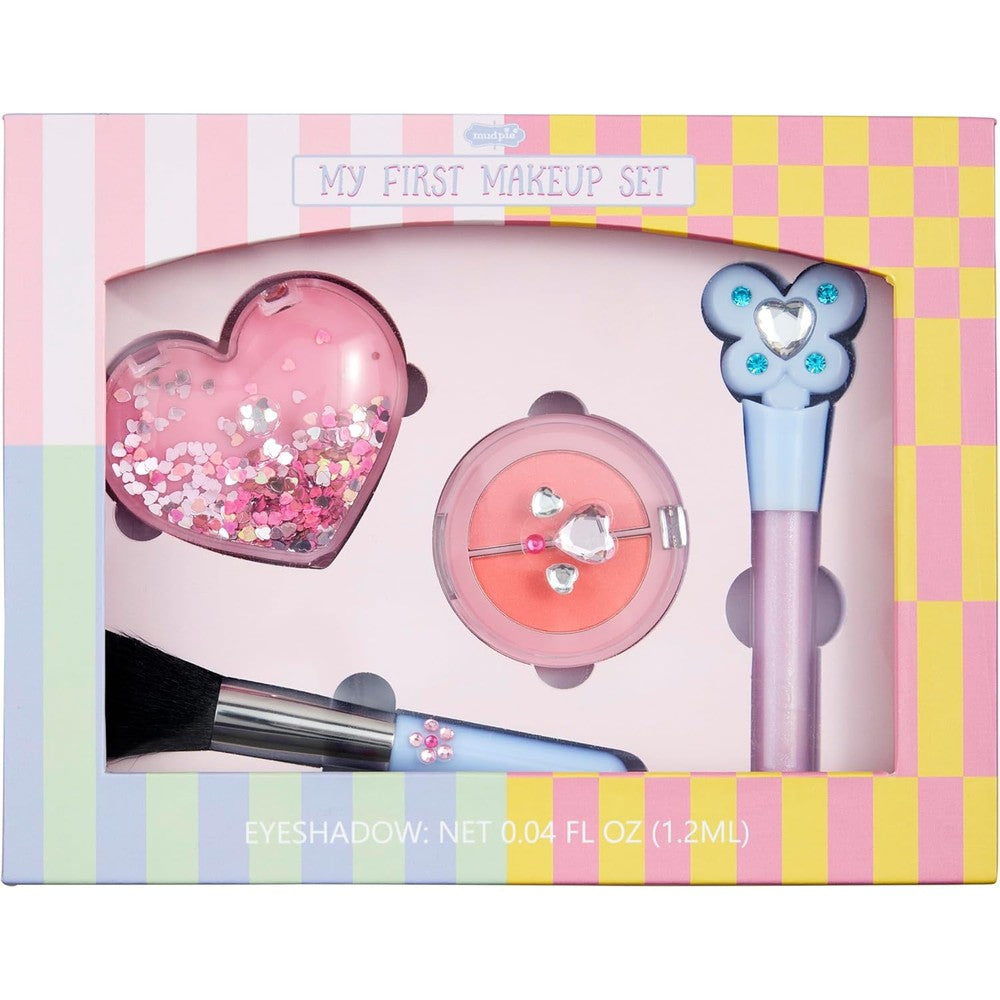 Mud Pie Children's My First Makeup Kit front view showing the open gift box with glitter lip gloss and brush.