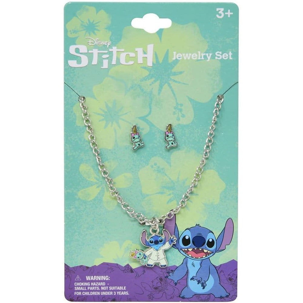 Disney Stitch metal necklace and earrings jewelry set for kids on retail display card packaging front view