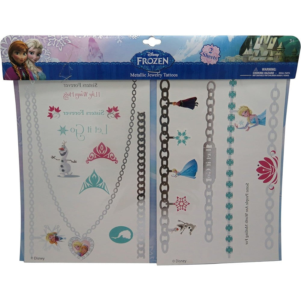 Disney Frozen Metallic Tattoo Jewelry Set front view featuring Elsa and Anna silver-foil temporary tattoos