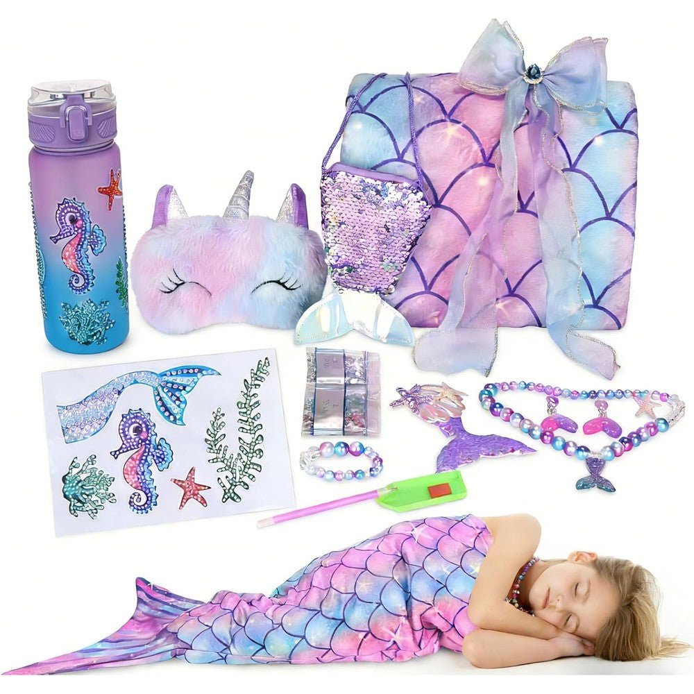 Runeaoys mermaid tail blanket gift set for girls front view showcasing premium packaging and vibrant contents