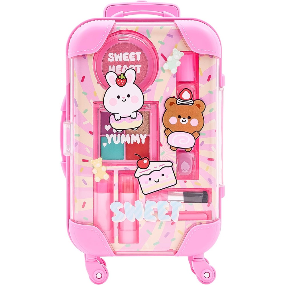 Simple Pleasures Sweet Pink Kids Cosmetic Trolley Set front view showing the rolling suitcase packaging with wheels and pull handle.