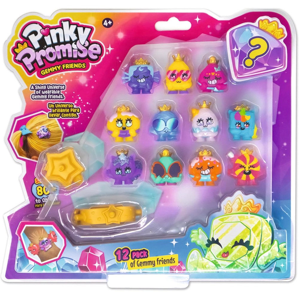 PlayMonster Pinky Promise Gemmy Friends Pretend Play Pack front view showing twelve collectible characters and wearable jewelry accessories.