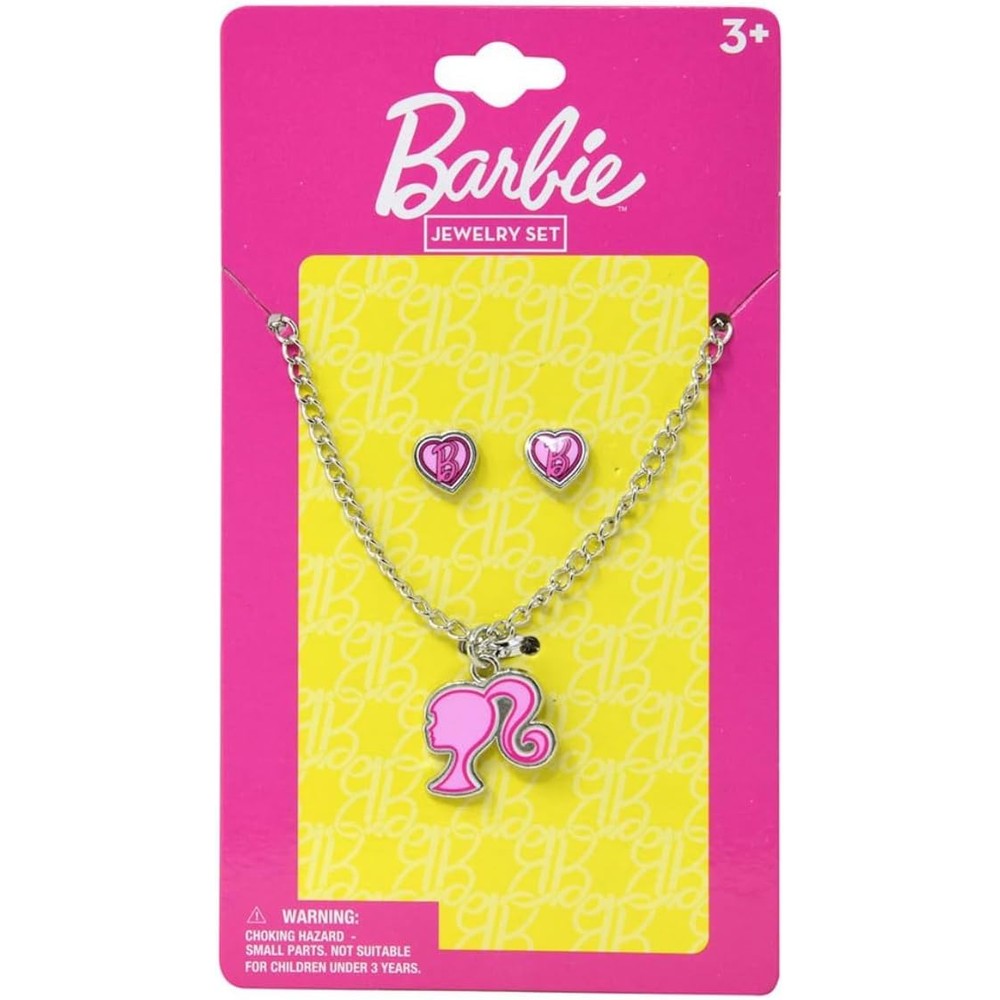 HER Barbie Jewelry Set for kids featuring pink silhouette pendant necklace and matching heart earrings on branded display card.