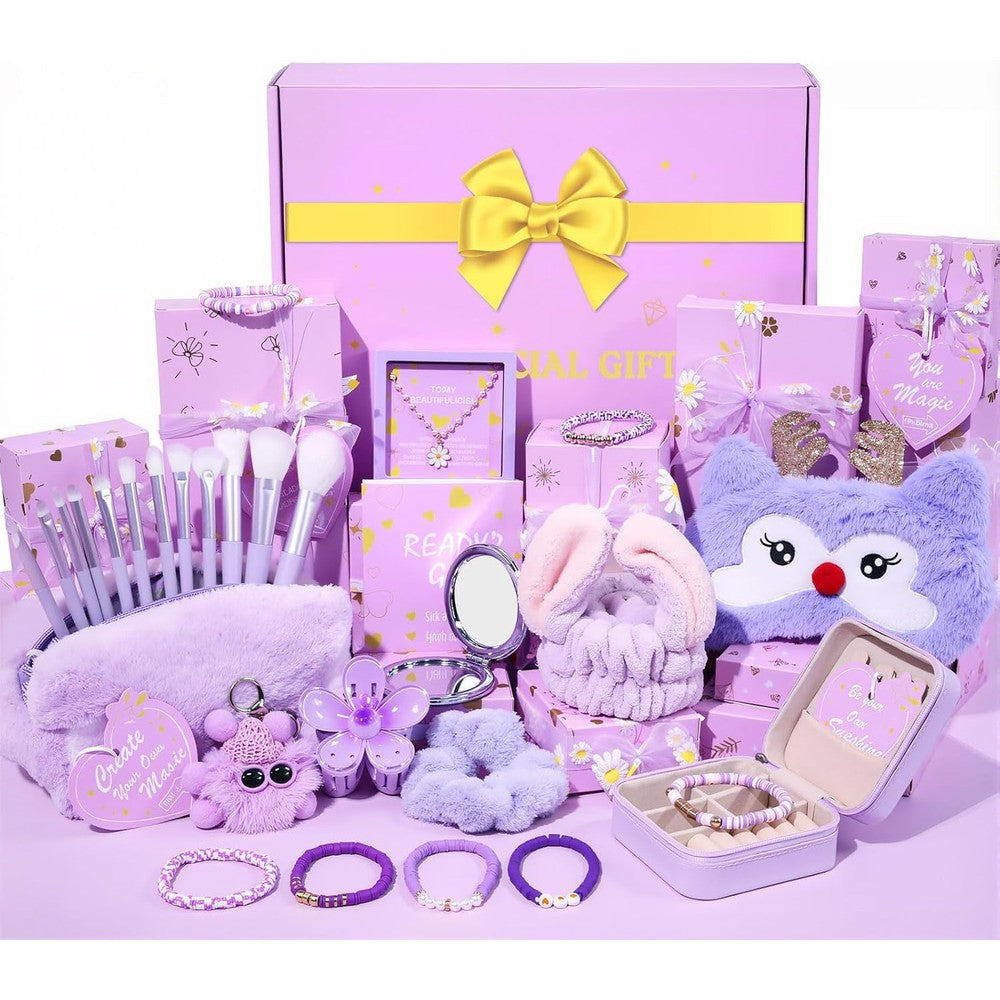 Qinline teen girl gifts trendy stuff box front view featuring purple themed beauty items.