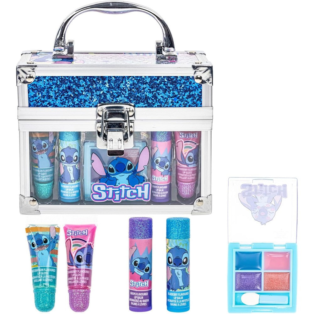 Townley Girl Disney Stitch Beauty Mini Train Case front view showing complete kids makeup set
