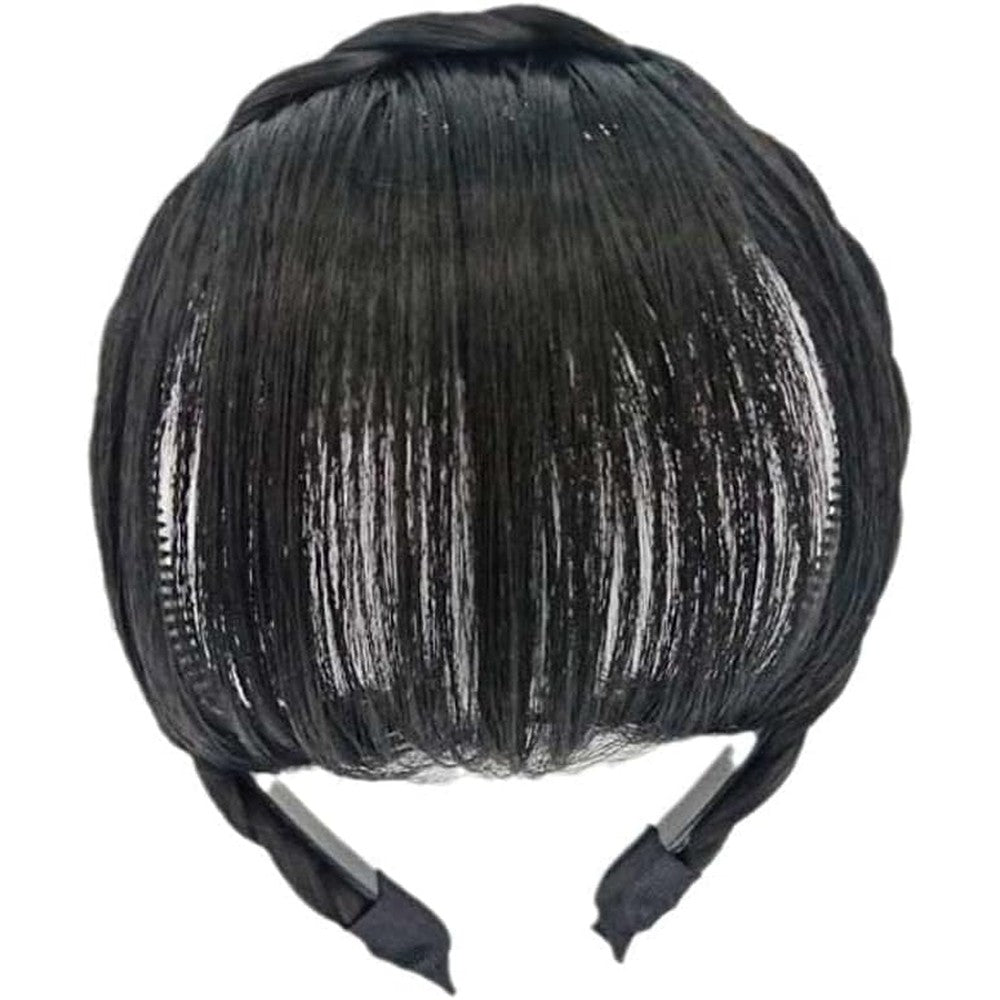 Jizlan synthetic headband fake bangs hair piece front view showcasing natural black straight fringe styling on a model.
