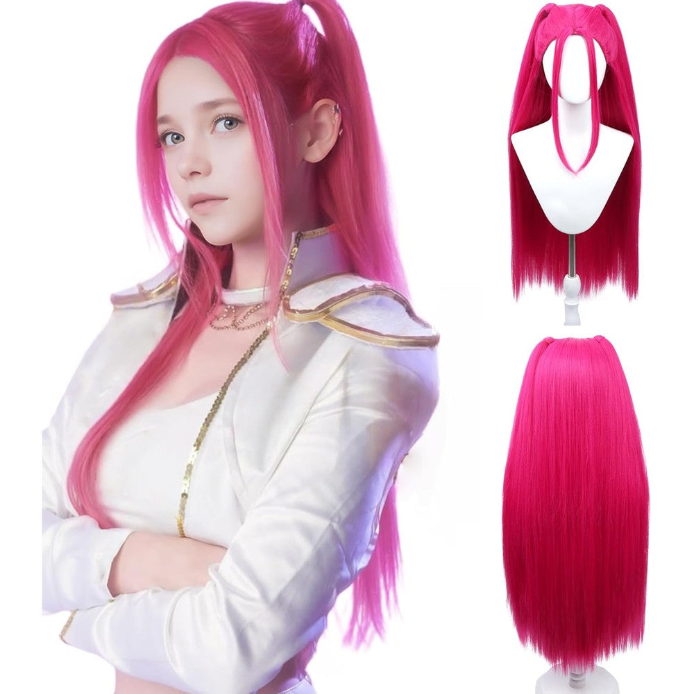 Forpmon long hot pink cosplay wig front view showing straight bangs and vivid magenta coloring.