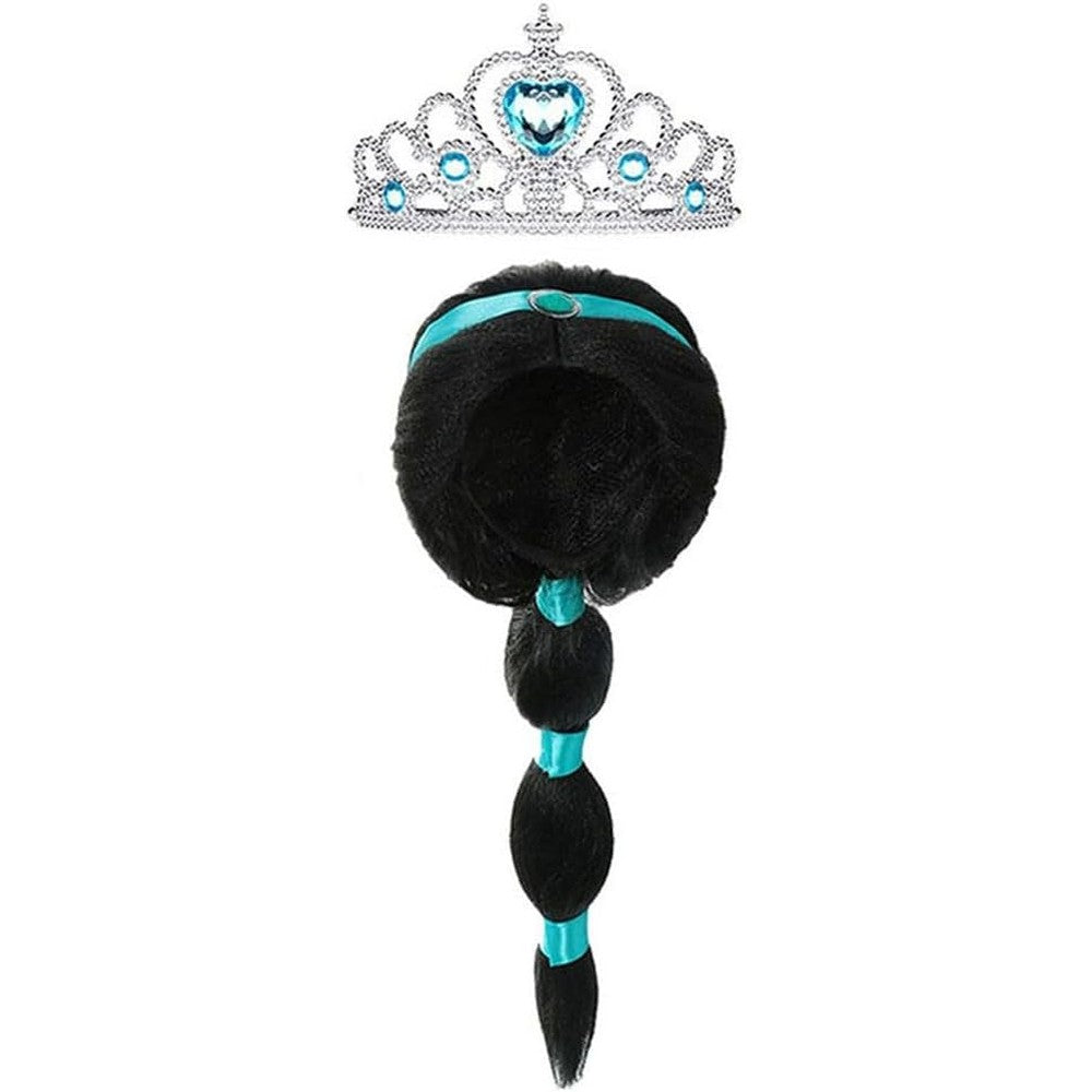 Yosbabe Arabian Princess Wig front view showing long black braid and turquoise headband on a child mannequin.