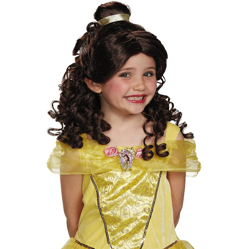 Disguise Disney Princess Belle costume wig for girls front view showcasing high topknot and brown curls