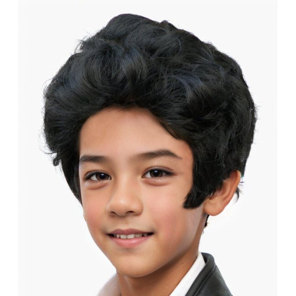 Witty Emporium Black Pompadour Wig front view on a child costume model.