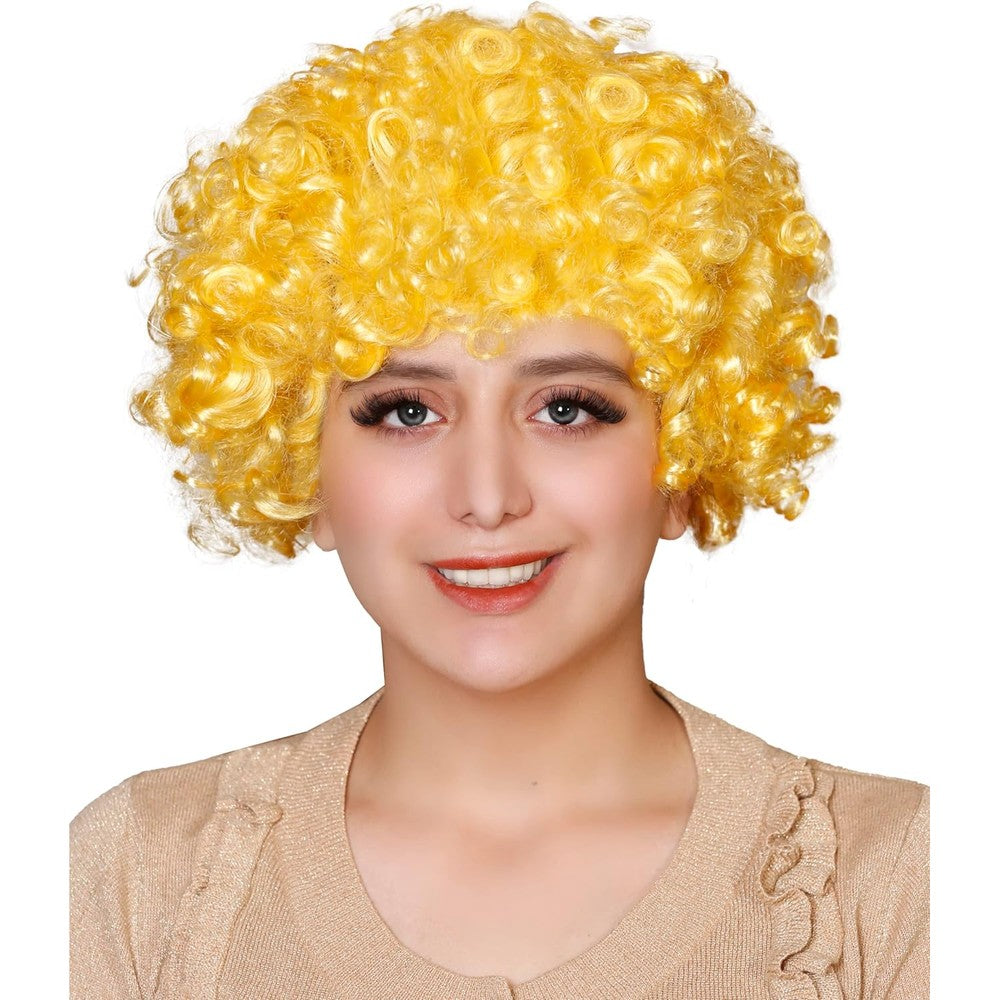 Matissa unisex clown wig front view showing vibrant yellow curly afro style.