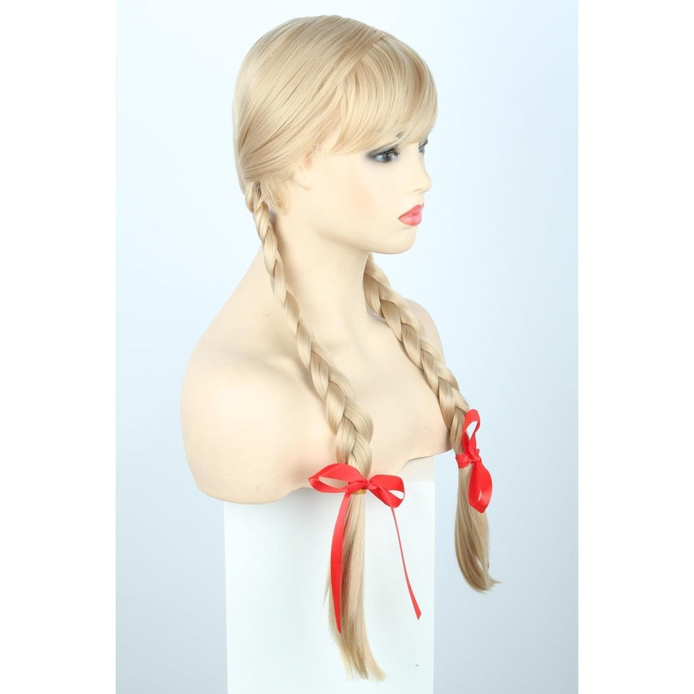 Lucoacos Girls Blonde Braid Wig front view featuring straight bangs and red bows for horror doll cosplay.