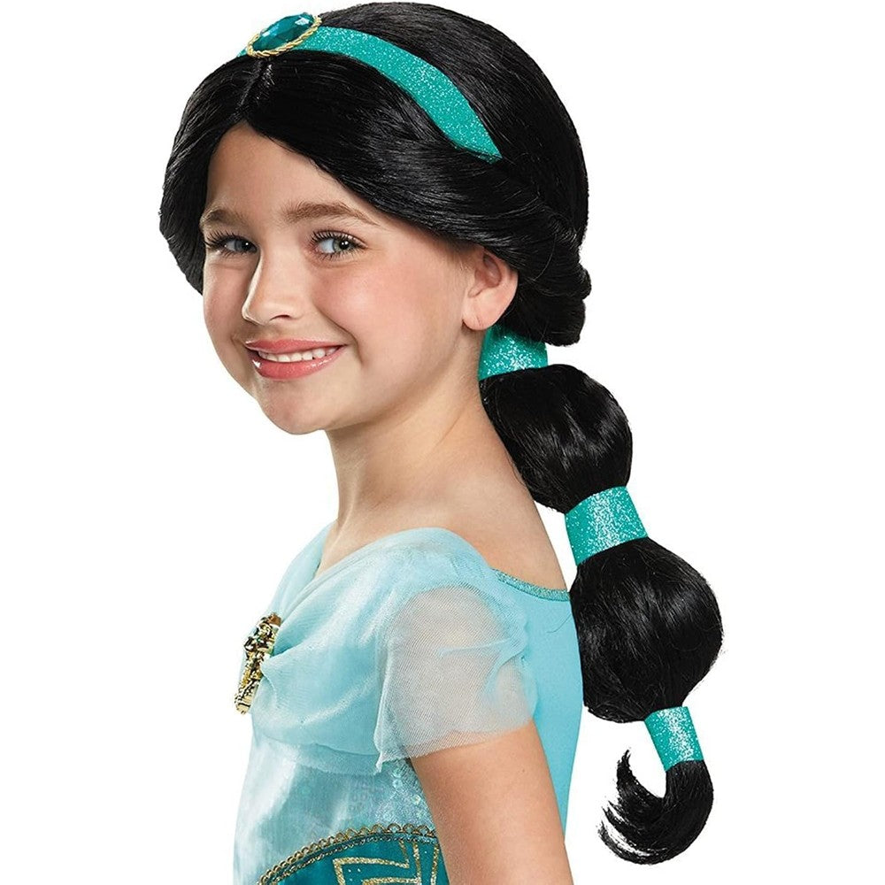 Disguise Disney Princess Jasmine Girls Costume Wig front view showing black synthetic hair with blue ribbons